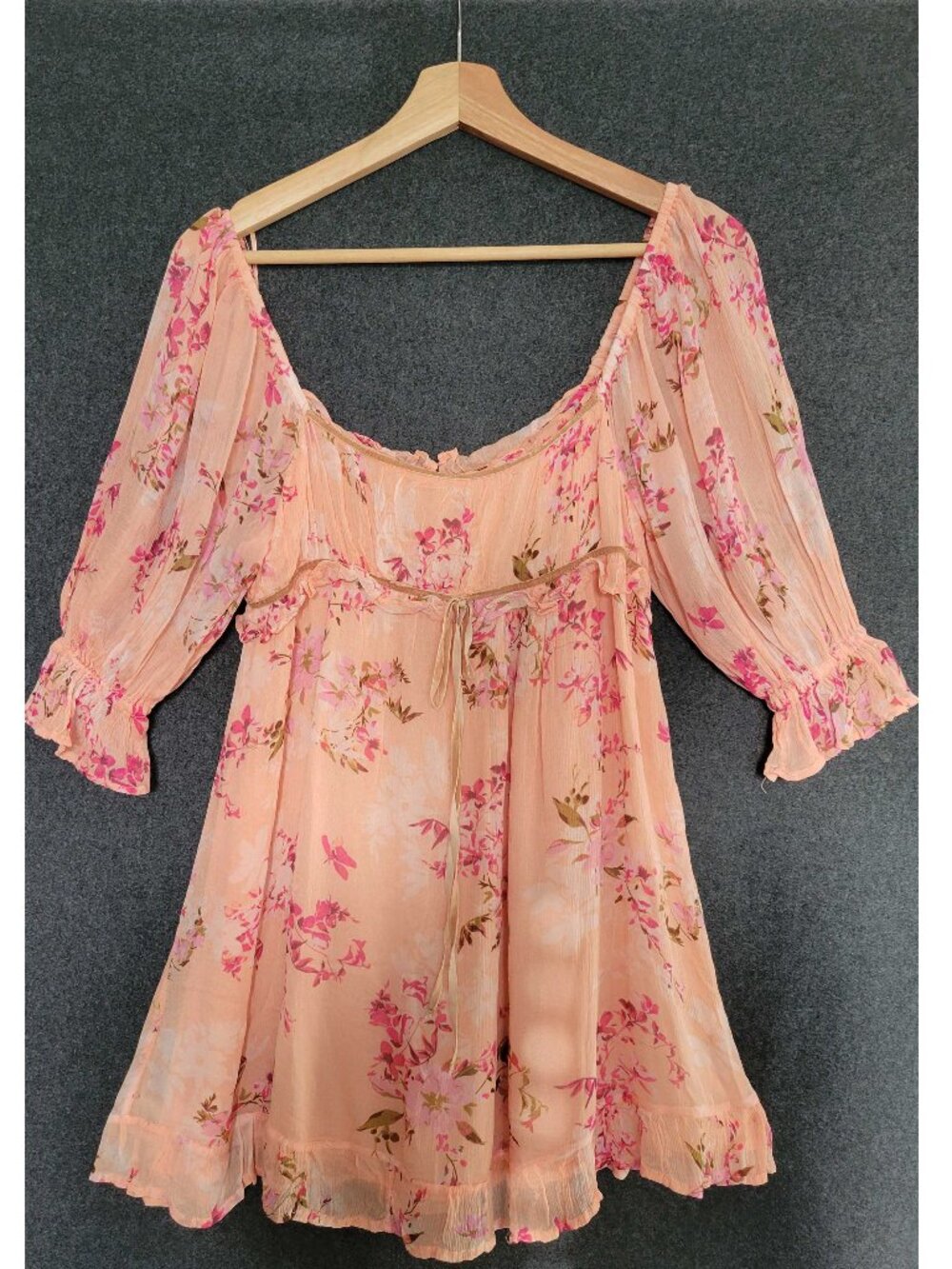 Free People Babydoll Coquette Chiffon Gauzy Viscose Mini Dress Dainty Floral XS
